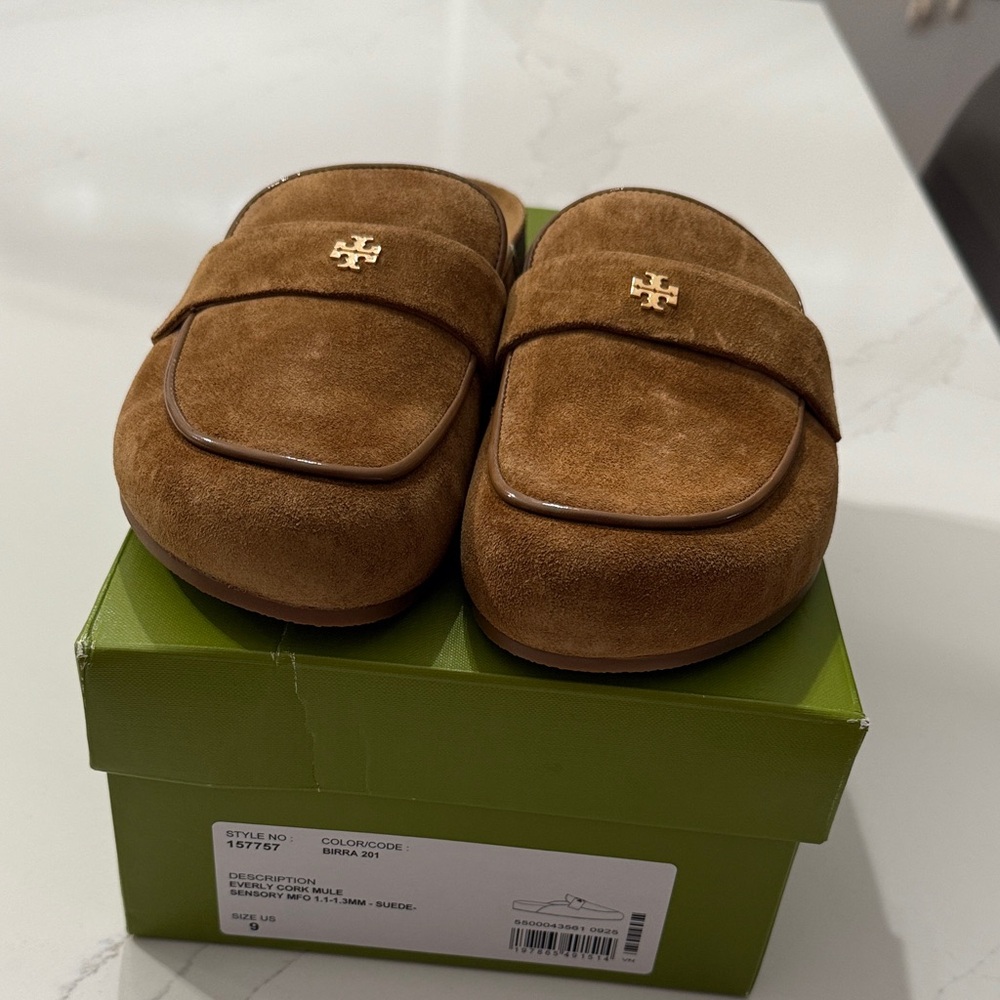Tory Burch Brown Suede Everly cork mules with Gold Logo new in box size 9